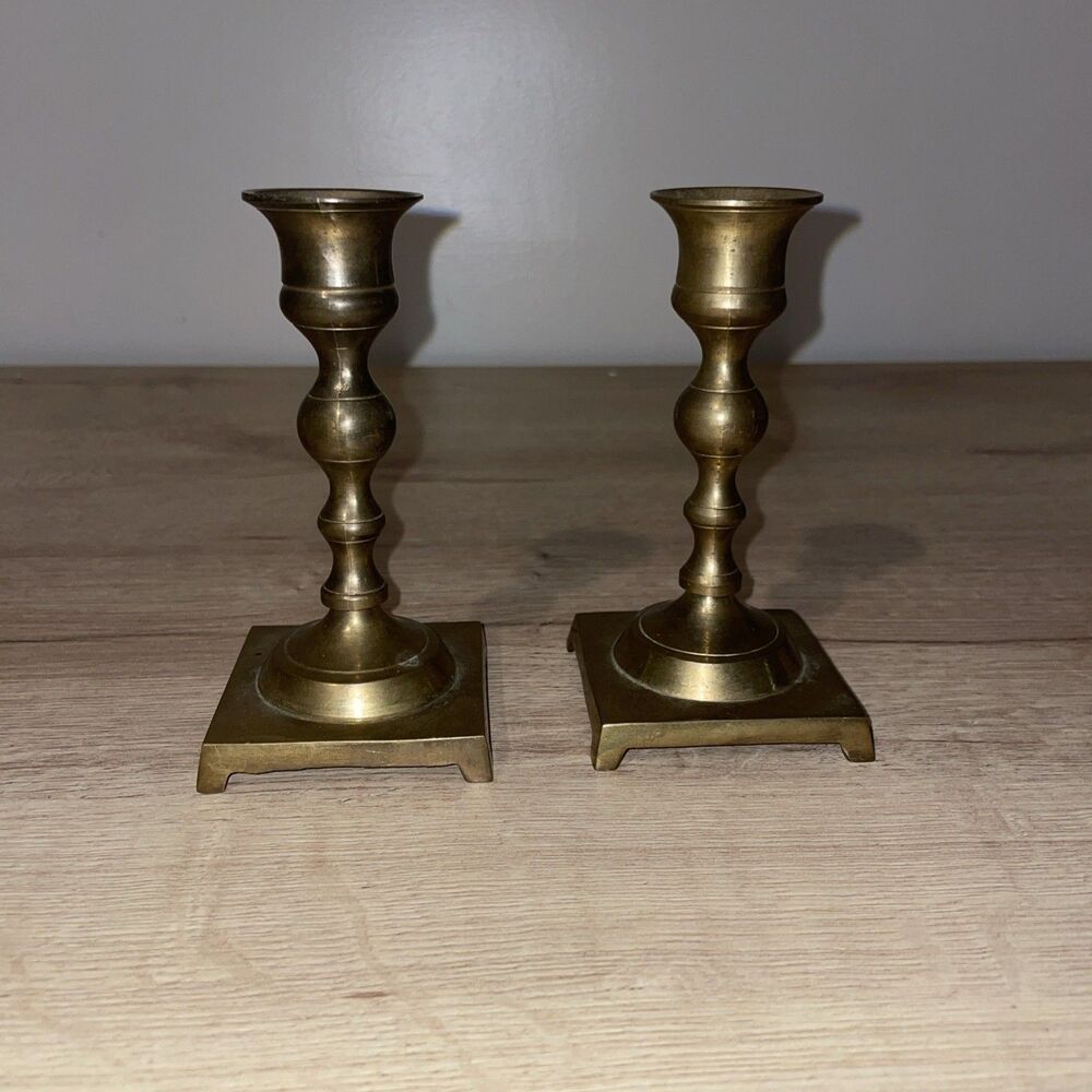 Vintage Solid Brass Candlestick Holders Pair Square Base Baluster Taper 7 India